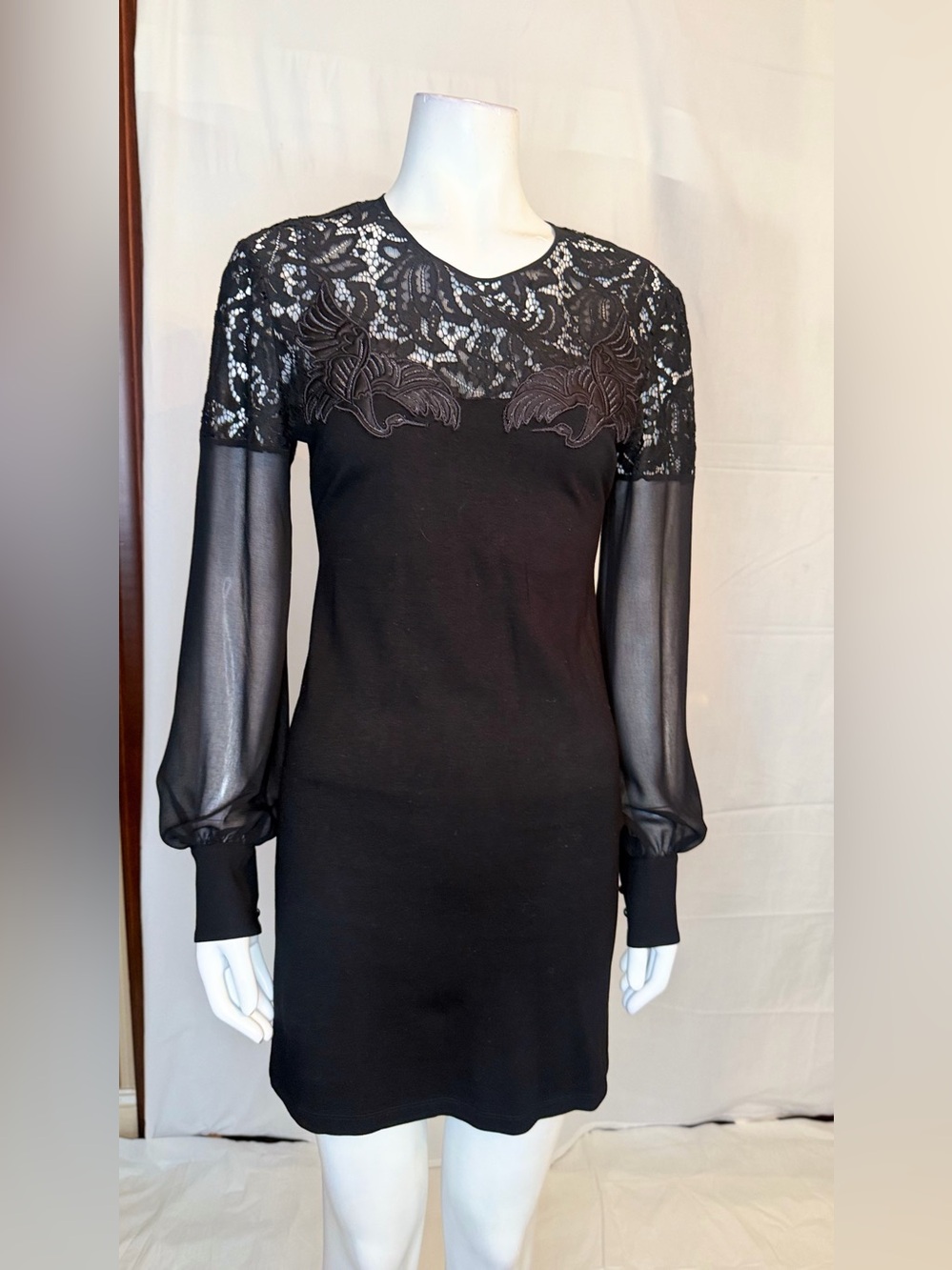 Just Cavalli Black Lace Yoke Sheer-Sleeve Long Dress